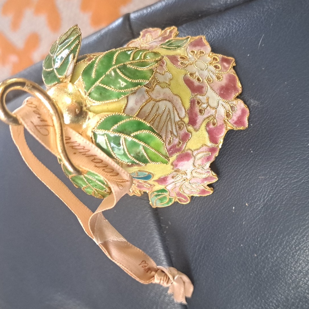 Vintage Cloisonne Bell Brass Enamel Pink Green leaves 3D 3” Ornament